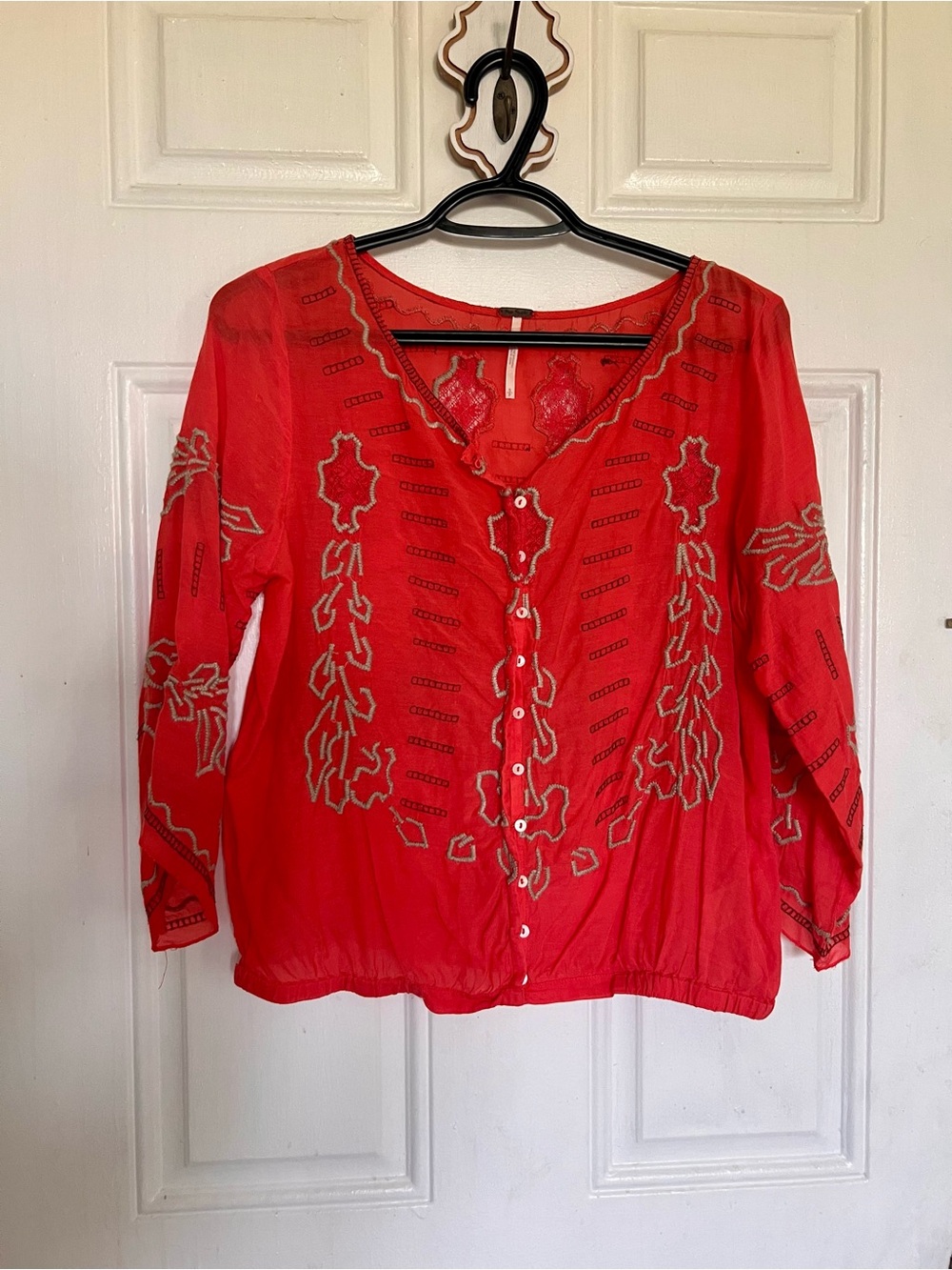 Free People | Embroidered Red Button-Front Women’s Top
